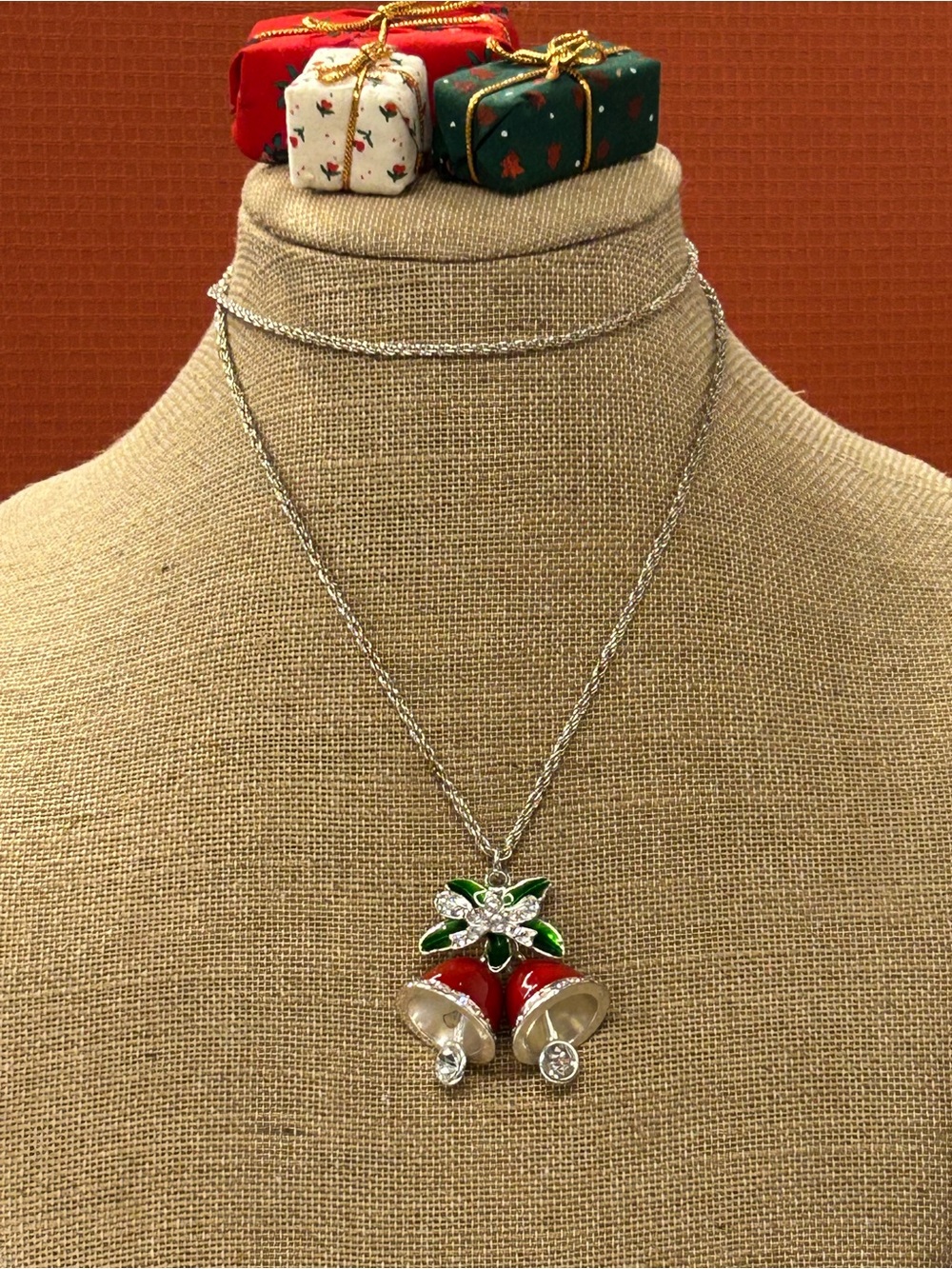Festive Red Bell Pendant Necklace Rhinestones - Women Jewelry